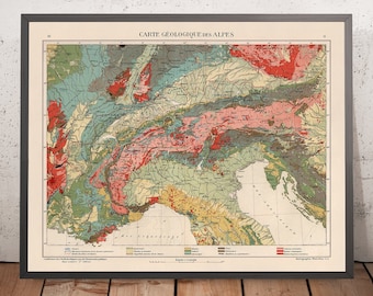 May include: A vintage geological map of the Alps, printed in various colors, showing different rock formations and geological features. The map is titled "Carte Géologique des Alpes" and includes a legend with different geological symbols and descriptions.