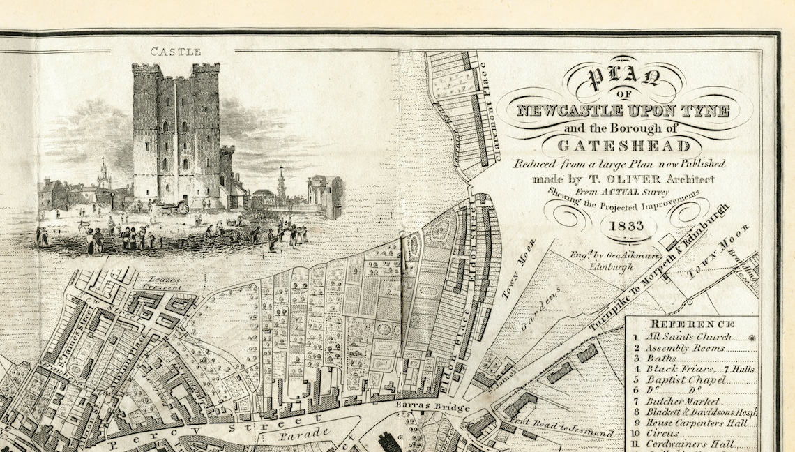 Old Map of Newcastle Upon Tyne and Gateshead by Thomas Oliver Etsy UK