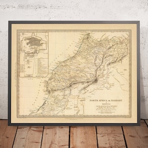 Old Map of Morocco by SDUK, 1836: Berber & Amazigh Tribes, Atlas Mountains, Sahara Desert, Marrakesh, Fez, Casablanca