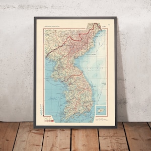 Old Map of North & South Korea, 1967: Seoul, Busan, Jeju Island, Korean War, Taebaek Mountains