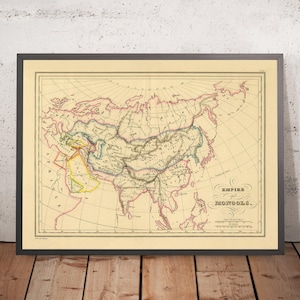 Old Map of the Mongol Empire by Malte-Brun, 1837: Karakorum, Persia, India, China