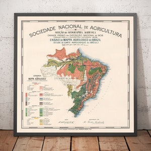 Old Map of Brazil Agrology, 1908 - Agriculture, Geology, Rocks, Soil - Rio, Porto Alegre, Amazon - Framed, Unframed