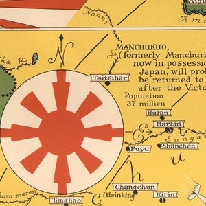 Mapa pictórico Japón, el objetivo de la Segunda Guerra Mundial, 1942 por Ernest Chase Antiguo gráfico de bombardeos de la Segunda Guerra Mundial China, Japón, Corea Enmarcado, Sin marco imagen 8