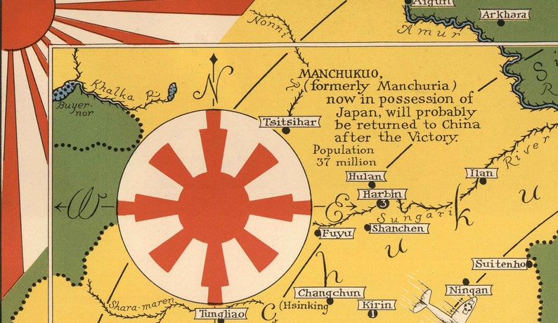 Mapa pictórico Japón, el objetivo de la Segunda Guerra Mundial, 1942 por Ernest Chase Antiguo gráfico de bombardeos de la Segunda Guerra Mundial China, Japón, Corea Enmarcado, Sin marco imagen 8