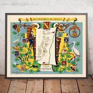 Old Wine Map of Alsace by Hetreau, 1954: Strasbourg, Colmar, Wine Regions