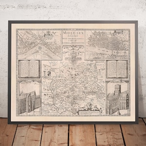 May include: A framed antique map of Middlesex, England, with the most famous cities of London and Westminster. The map is in black and white, with detailed illustrations of buildings, rivers, and text. The frame is dark gray.