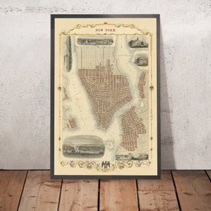 Old Map of New York City by Tallis & Rapkin, 1851: Manhattan, Brooklyn, Williamsburgh, City Hall, Custom's House