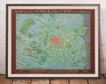 Old Relief Map of Paris by Georg Bauerkeller in 1843 - Saint Denis, Argenteuil, Saint Germain Des Paris, Montmorency, Versailles
