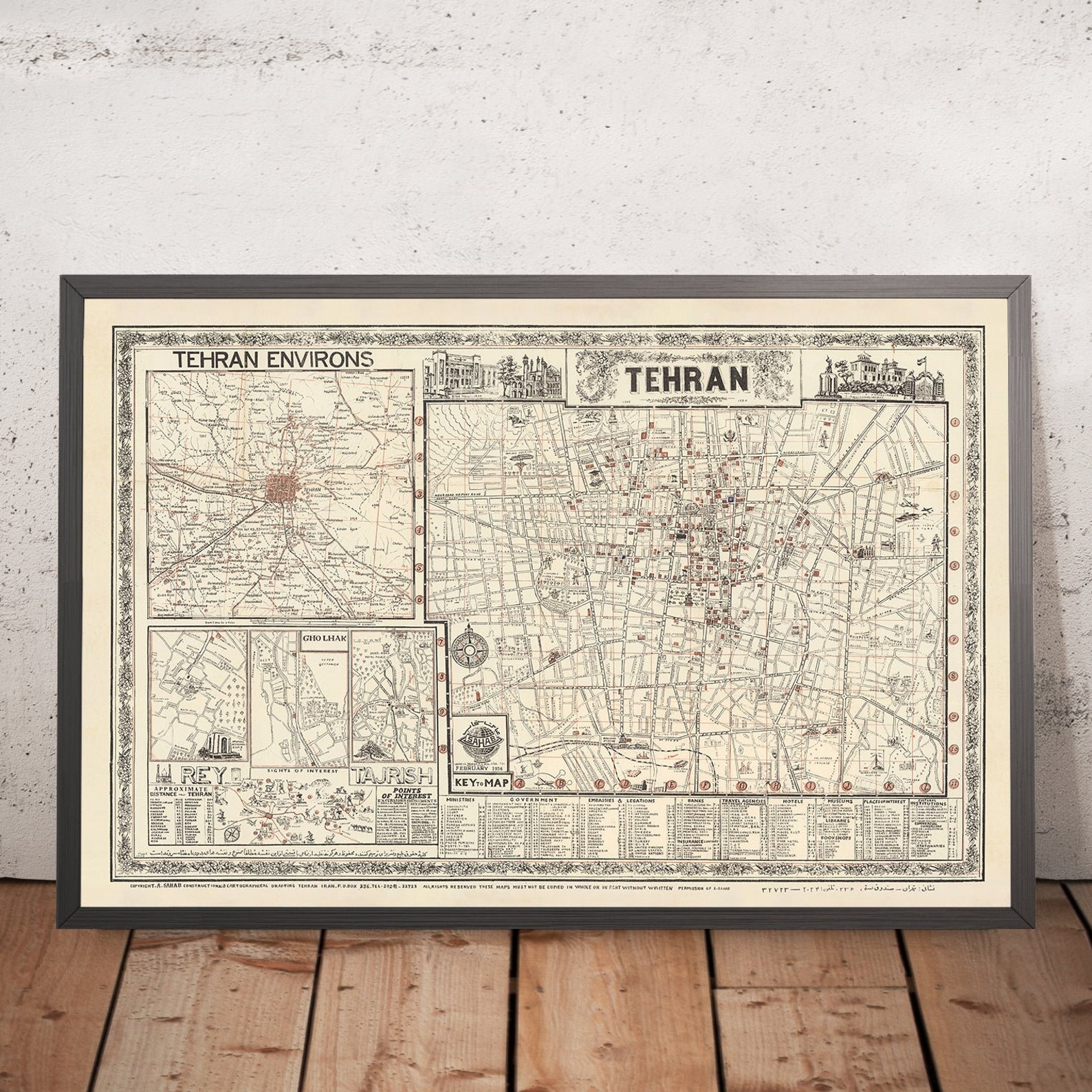 Mehran Sahab Old Map of Tehran by Sahab Abbas, 1956: Mehran, Bazaar, Abouzar ...
