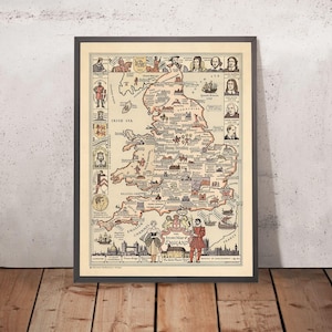 Old Historical Map of England, 1936: Stonehenge, Globe Theatre, Parliament, Heroes, Battles