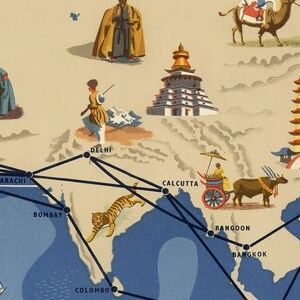 Old Pictorial Map of Eastern Hemisphere Air Routes by BOAC, 1949: Mid ...
