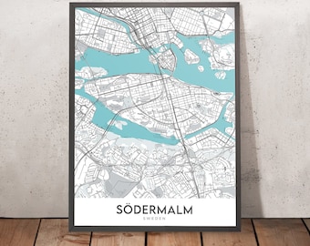 Moderne stadsplattegrond van Södermalm, Zweden: stadhuis, Globe Arena, ABBA Museum, Djurgården, Skansen