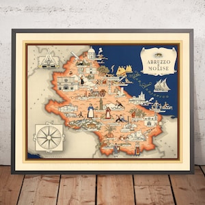Old Pictorial Map of Abruzzo e Molise, 1938: L'Aquila, Campobasso, Teramo, Pescara, Chieti