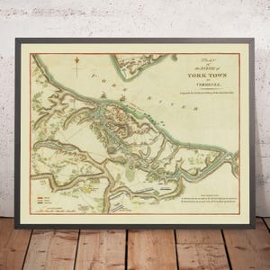 Old Military Map of the Siege of Yorktown by Stedman, 1793: Virginia, Gloucester, Redoubts 9 & 10, French Fleet, Washington