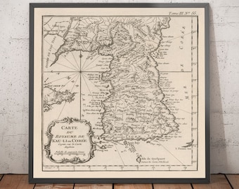 Old Map of Korea in 1764 by Bellin - North, South, Seoul, Pyongyang, Peninsula, Joseon Dynasty, Busan, Daegu - Framed, Unframed Gift