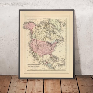 Old Map of North America by Mitchell, 1884: New York, Rocky Mtns, Hudson's Bay, Polar Regions, Mexico City