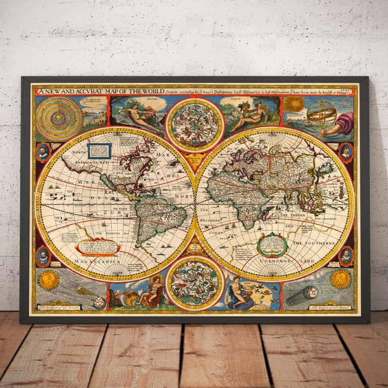 Rare Old World Atlas Map from 1651 by John Speed Colour Vintage Wall Chart Framed or Unframed image 1