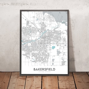 May include: A black and white map of Bakersfield, California, with the city name and "United States" printed below the map.