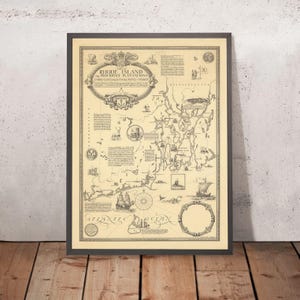 Old Pictorial Map of Rhode Island by Clegg, 1925: Providence, Newport, Ships, Block Island