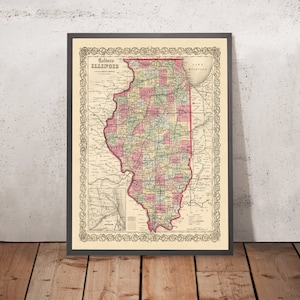 Old map of Illinois by J. H. Colton, 1855: Chicago, Peoria, Springfield, Galena, Quincy