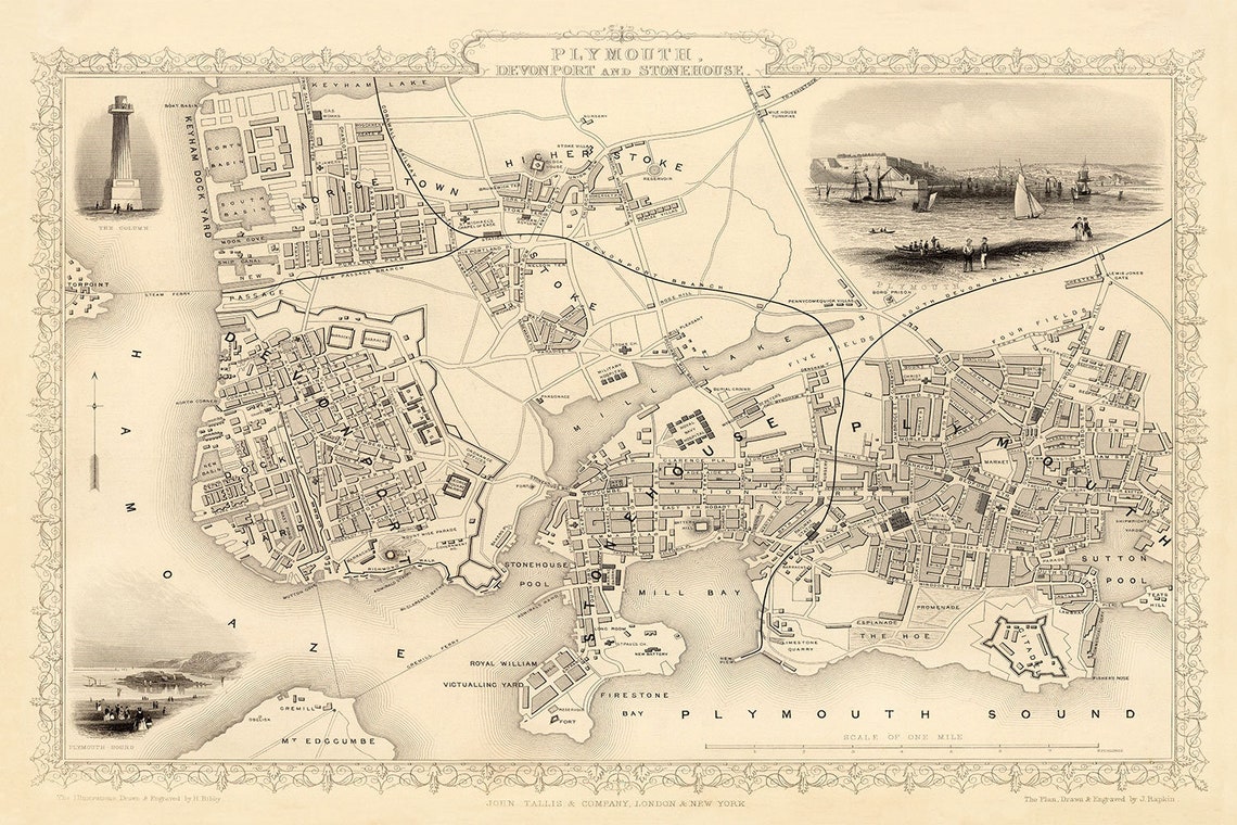 Old Map of Plymouth in 1851 by Tallis Rapkin Stonehouse Etsy