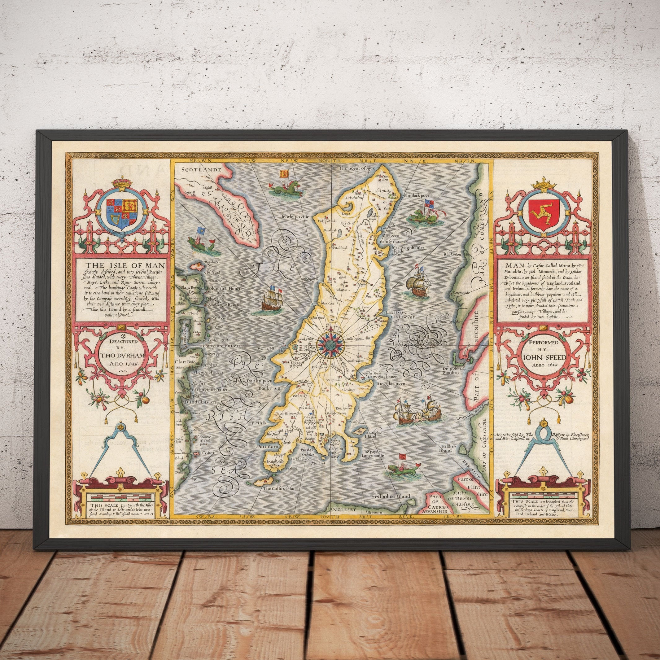 Old Map of Isle of Man, 1611 by John Speed - Douglas, Castletown, Peel, Ramsey - Framed or Unframed  Chart