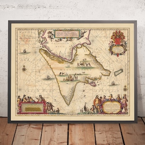 Old Map of the Magellan Strait by Visscher, 1690: Tierra del Fuego, Patagonia, Magallanes and Chilean Antarctica, Rio Gallegos, Riesco