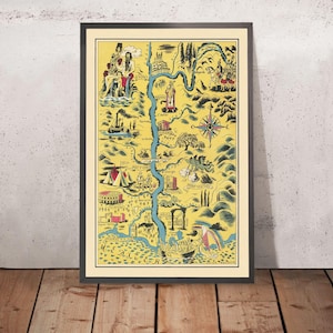 Old Pictorial Map of Rhone River by Boucher, 1938: Lyon, Nimes, Avignon, Mont-Ventoux, Landmarks