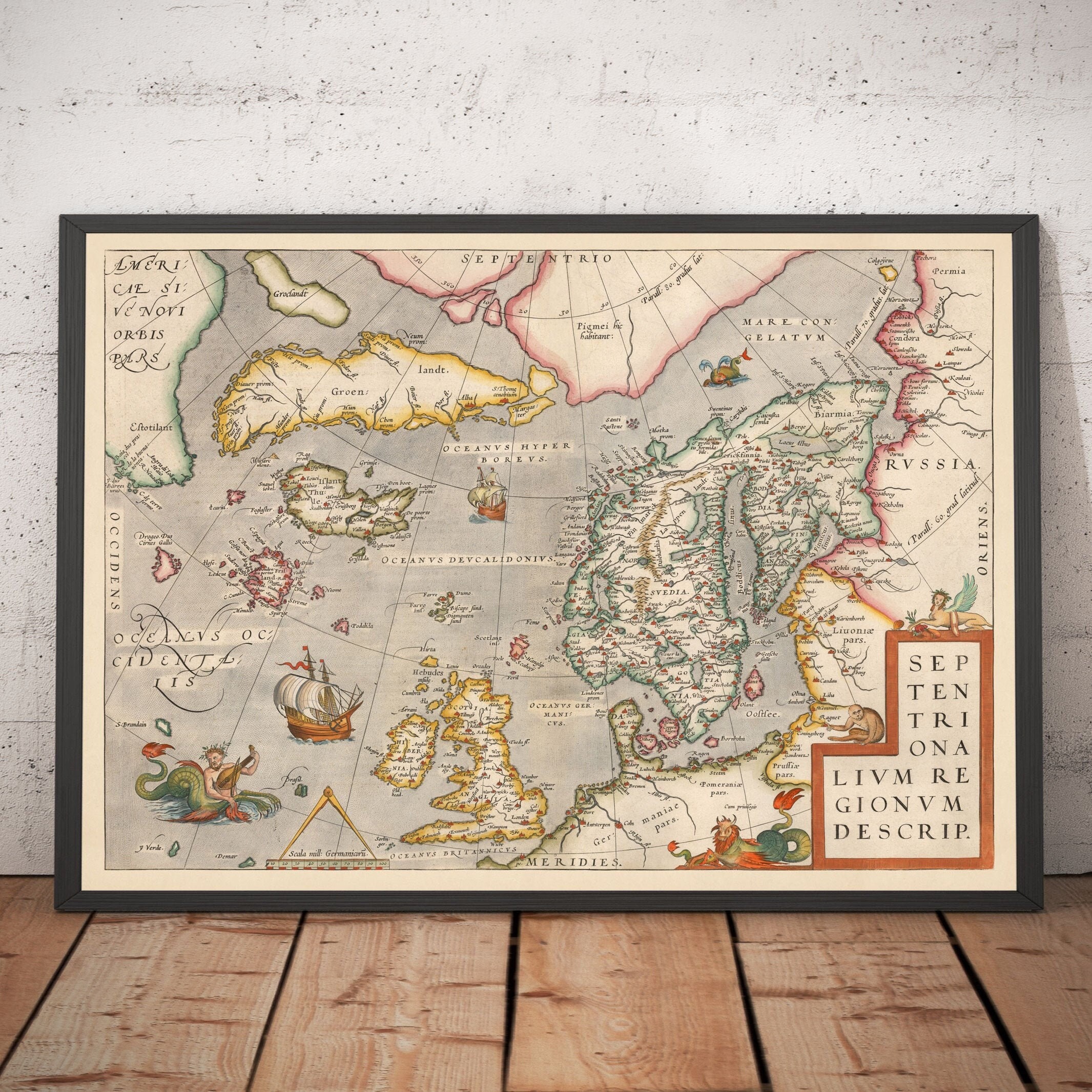 Old Map of North Sea and Atlantic, 1575 with Mythical Frisland