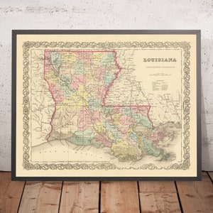 Old Map of Louisiana by J.H. Colton, 1855: New Orleans, Baton Rouge, Shreveport, Lafayette, Lake Charles