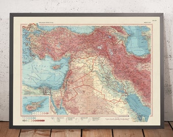 May include: A vintage map of the Middle East, showing the countries of Turkey, Syria, Lebanon, Israel, Jordan, Iraq, Iran, Kuwait, Saudi Arabia, Yemen, and Oman. The map is printed in shades of red, blue, and green, and includes a key with various symbols and labels.