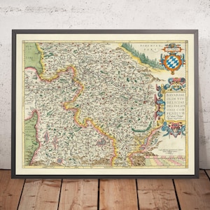 Old Map of Bavaria by Ortelius, 1579: Munich, Nuremberg, Danube River, German Alps