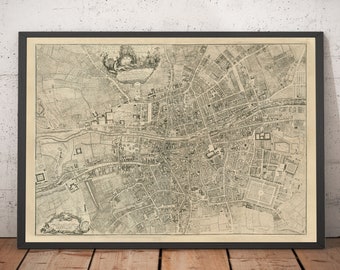 Mapa antiguo de Dublín, Irlanda, 1756, de John Rocque. Gran mapa mural de la ciudad. Regalo con o sin marco.