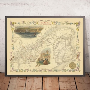 Ancienne carte de l'Est du Canada et du Nouveau-Brunswick par Tallis, 1851 : Montréal, Québec, fleuve Saint-Laurent
