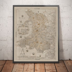Vecchia mappa del Galles, Cymru di Saxton del 1580 - Prima carta accurata del Galles - Regalo di inaugurazione della casa con cornice