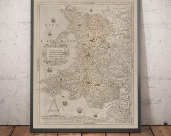 Old Map of Wales, Cymru by Saxton in 1580 - First Accurate Chart of Wales - Framed Housewarming Gift