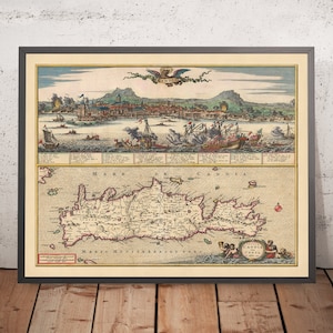 Old Map of Crete by Visscher, 1690: Chania, Heraklion, Agios Nikolaos, Rethimno, White Mountains