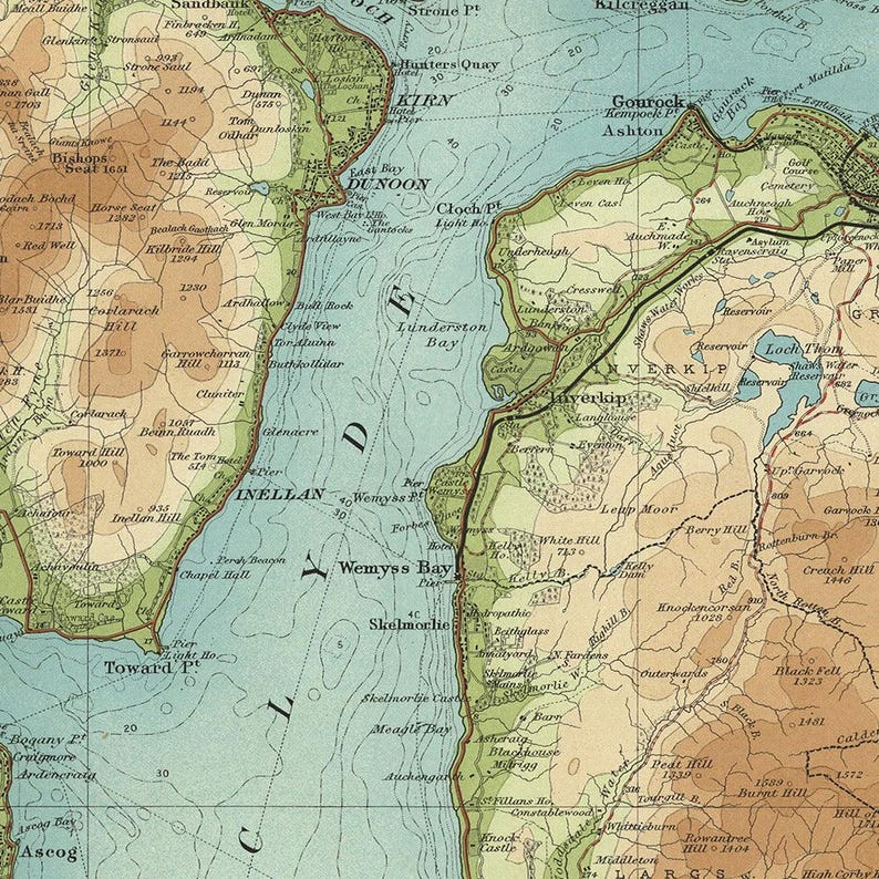 Old OS Map Of Glasgow Clyde By Bartholomew 1901 Loch Lomond Firth old-os-map-of-glasgow-clyde-by-bartholomew-1901-loch-lomond-firth