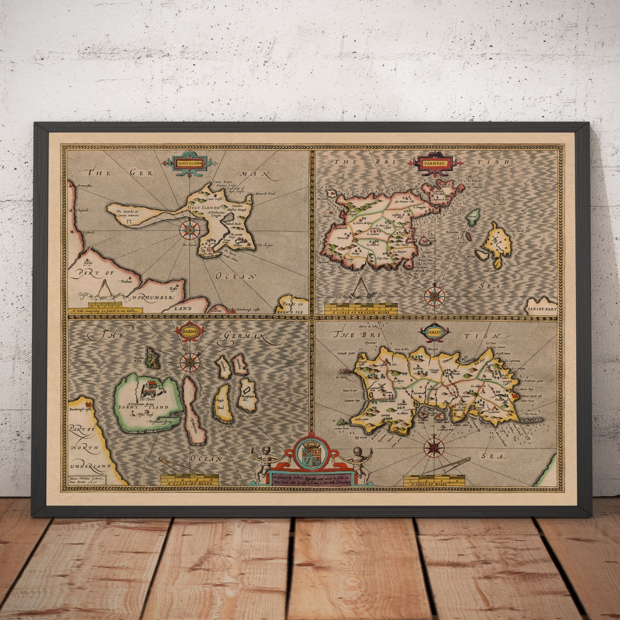 Old Map of Channel Isles, 1611 by John Speed - Jersey, Guernsey, Farne Islands, Holy Island - Framed or Unframed