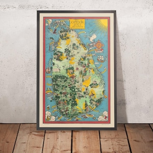 Old Pictorial Map of Ceylon (Sri Lanka) by Gill, 1933: Elephants, Tea, Colombo, Adam's Peak, Jungle Scenes