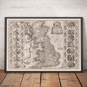 Old Viking Map of England, Wales & Scotland in 1611- Anglo-Saxon Heptarchy Map of Great Britain, UK - Framed Monochrome Birthday