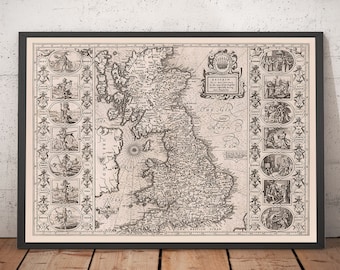 Antica mappa vichinga di Inghilterra, Galles e Scozia del 1611 - Mappa eptarchica anglosassone della Gran Bretagna, Regno Unito - Compleanno monocromatico incorniciato