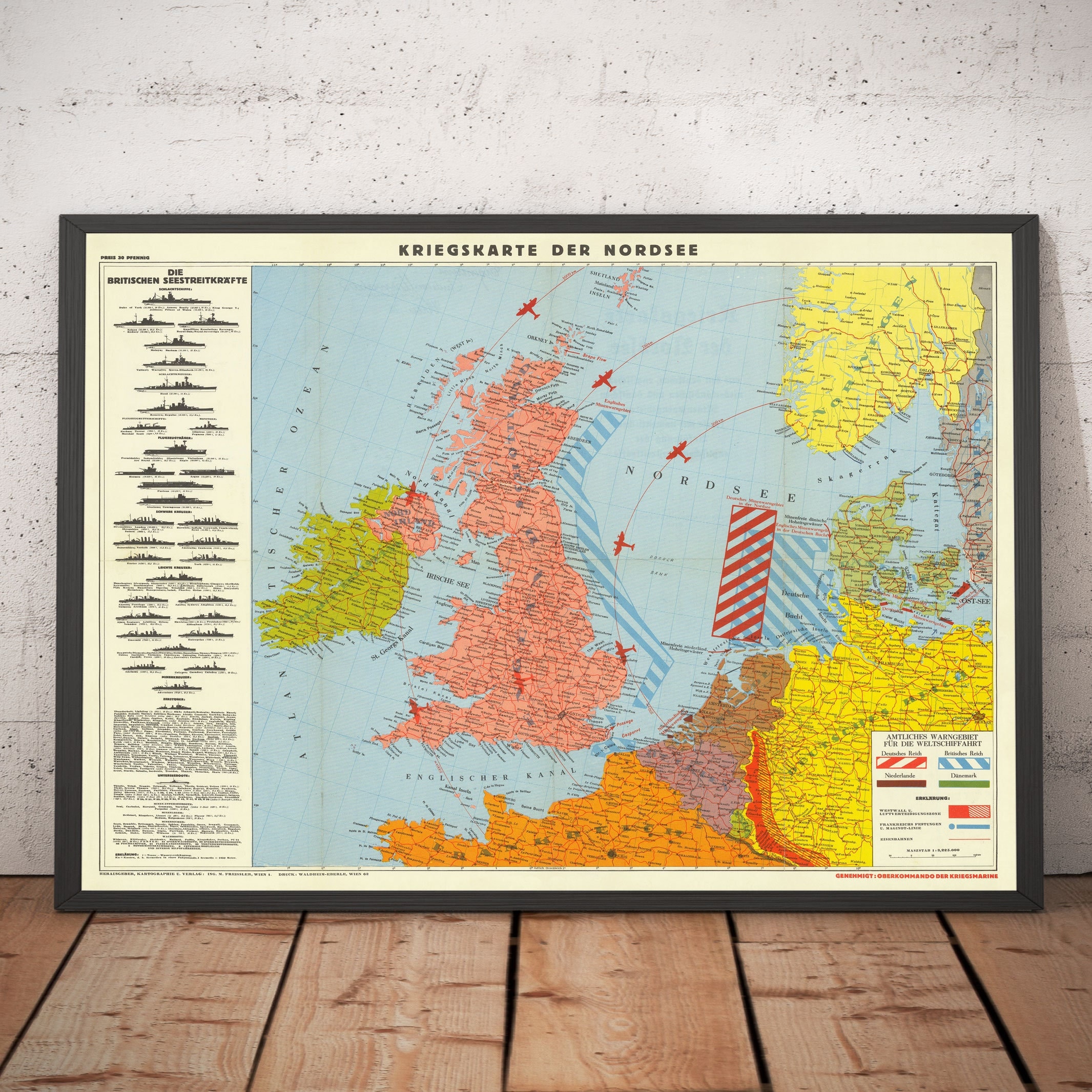 German World War 2 Map, 1940 - Old WW2 Military Chart of North Sea - British Navy Ships, Minefields, Battle Lines - Framed, Unframed