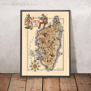 Old Pictorial Map of Corsica by Liozu, 1951: Ajaccio, Corte, Bastia, Napoleon, Mountains