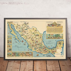Old Pictorial Map of Mexico by Fischgrund, 1950: Mexico City, Cultural Illustrations