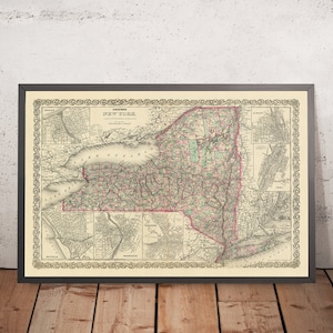 Old Map of New York by J.H. Colton, 1874: New York City, Buffalo, Rochester, Albany, Syracuse