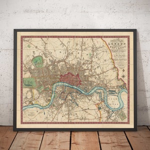 Old Map of London and Environs in 1822 by Thompson - Isle of Dogs, Bermondsey, Deptford, Covent Garden, Westminster