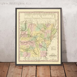 Old Map of Arkansas by H. S. Tanner, 1836: Little Rock, Fort Smith, Pine Bluff, Batesville, Washington, Roads, Railway, Canals