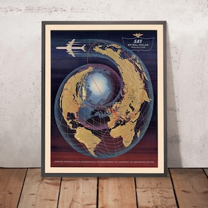 Old Airline Polar Projection World Map by SAS, 1960: Spiral Design, Global Routes