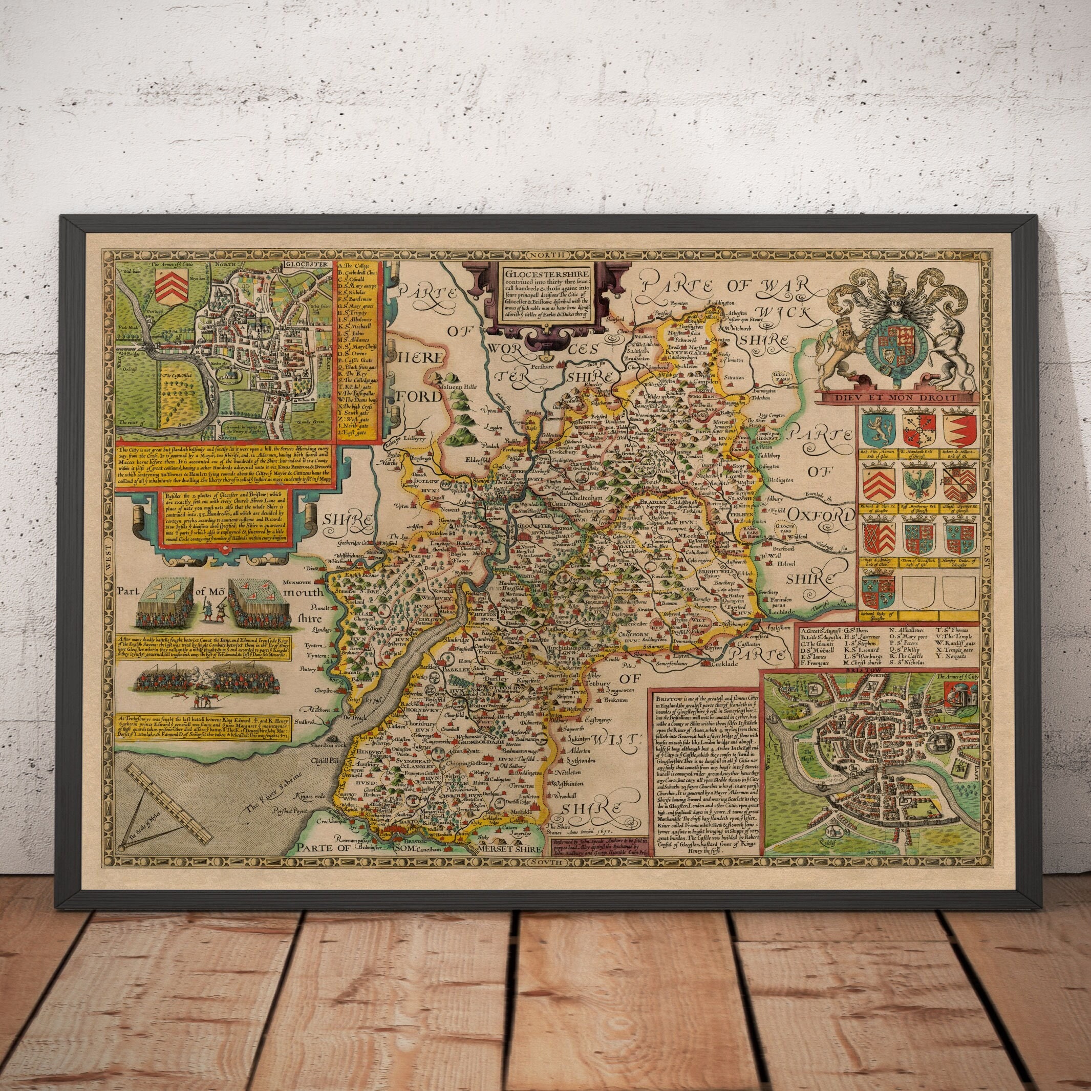 Oude kaart van Gloucestershire, 1611, John Speed - Bristol, Cheltenham, Gloucester, Kingswood, Filton, Cotswolds - ingelijst of ingelijst